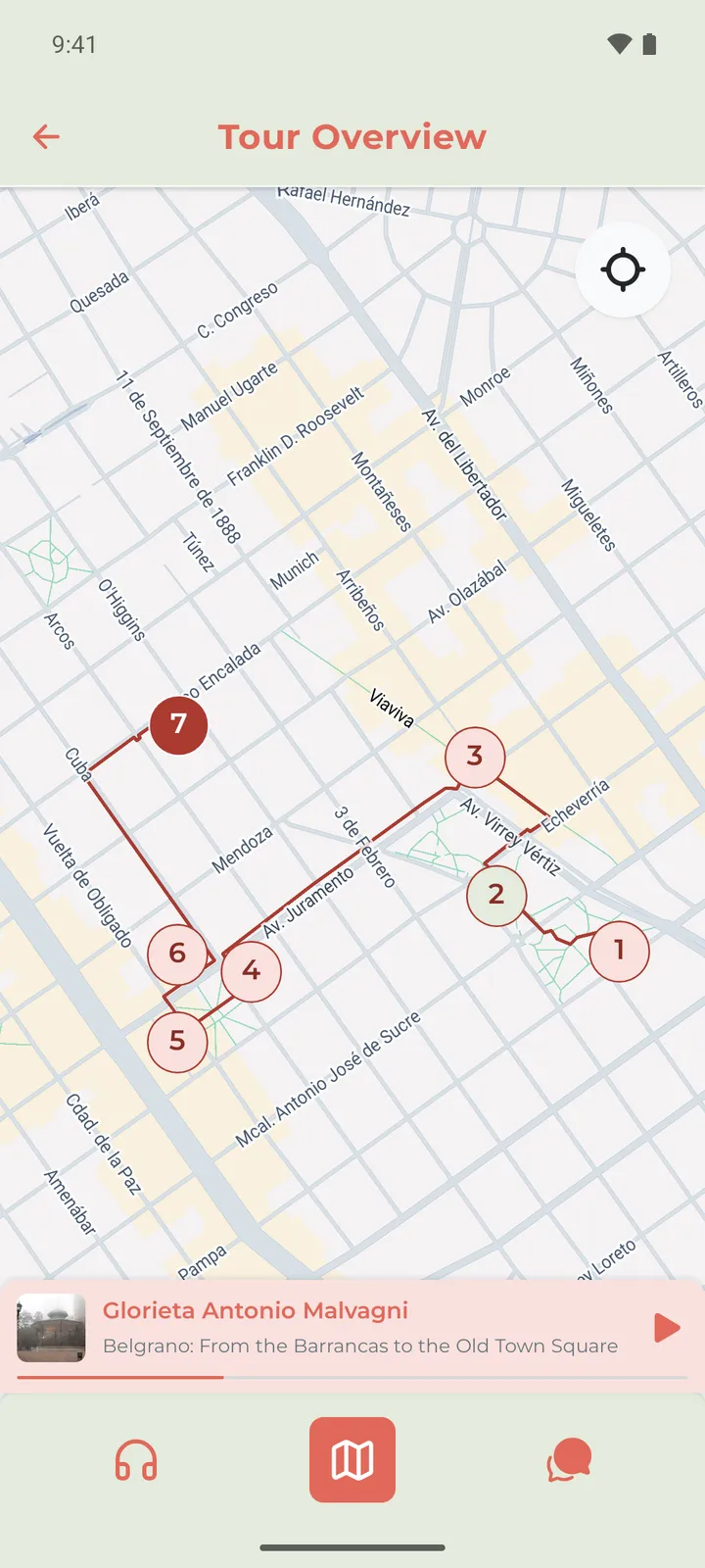 The tour’s route on the map, with its seven stops