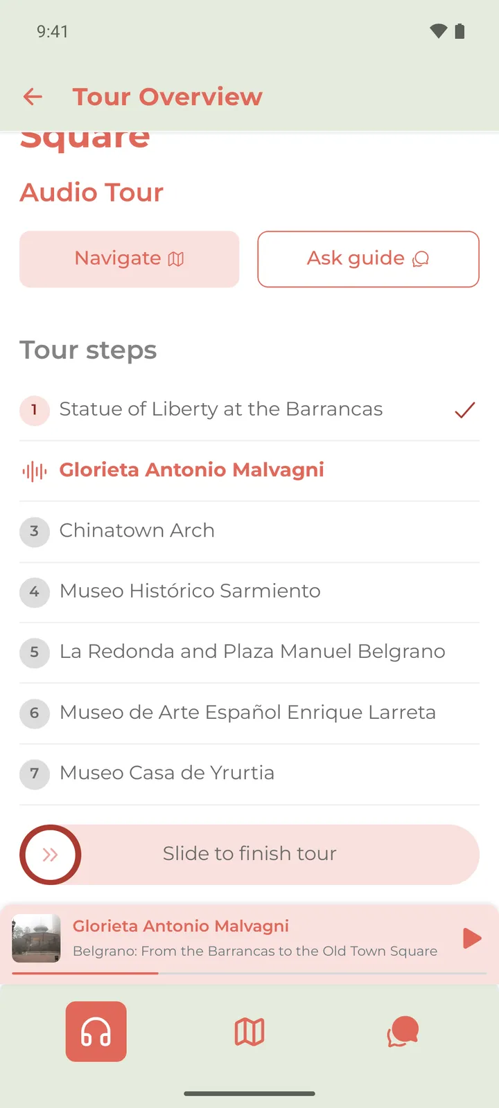 The tour’s stop list, with a slider to finish the tour